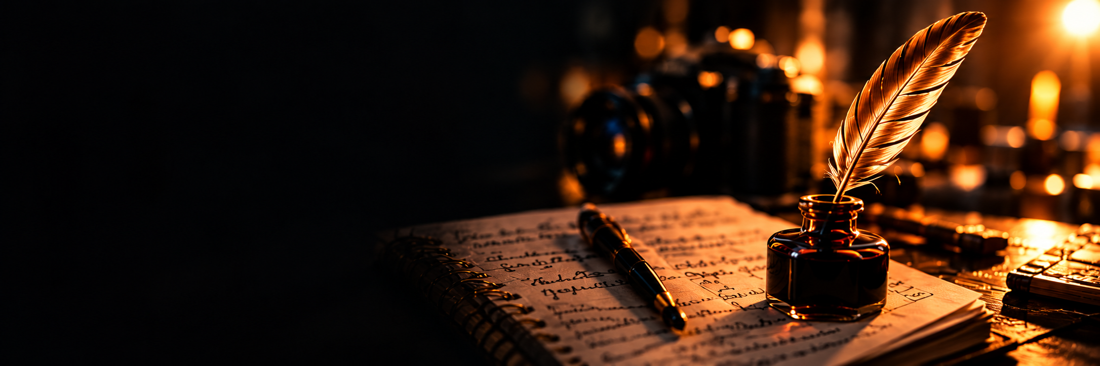 Eine golden beleuchtete Schreibfeder im Tintenfass neben handschriftlichen Seiten und einer Kamera.