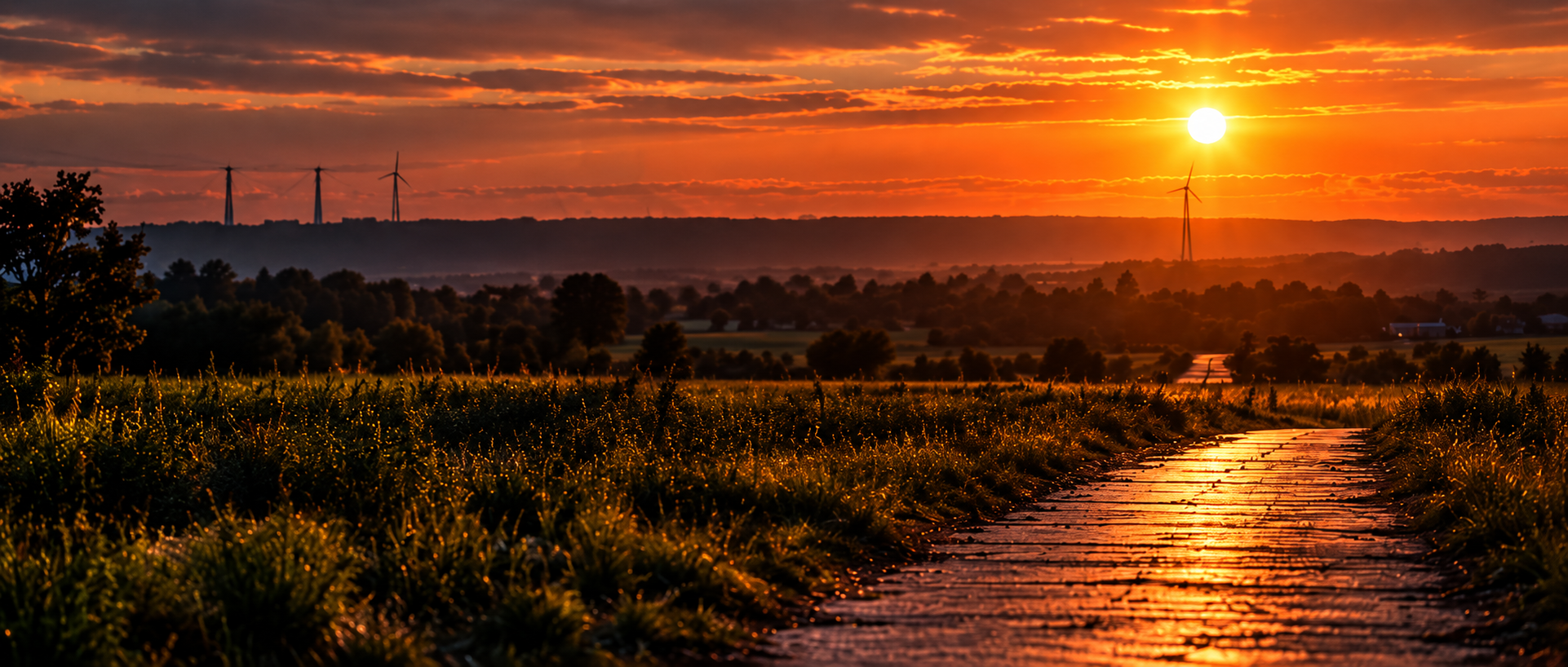 Ein Weg führt durch Felder in den warmen Sonnenuntergang.